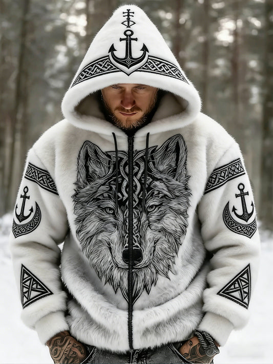 Męskie Retro Viking Wolf Totem Flanelowa ciepła bluza z kapturem w stylu celtyckim