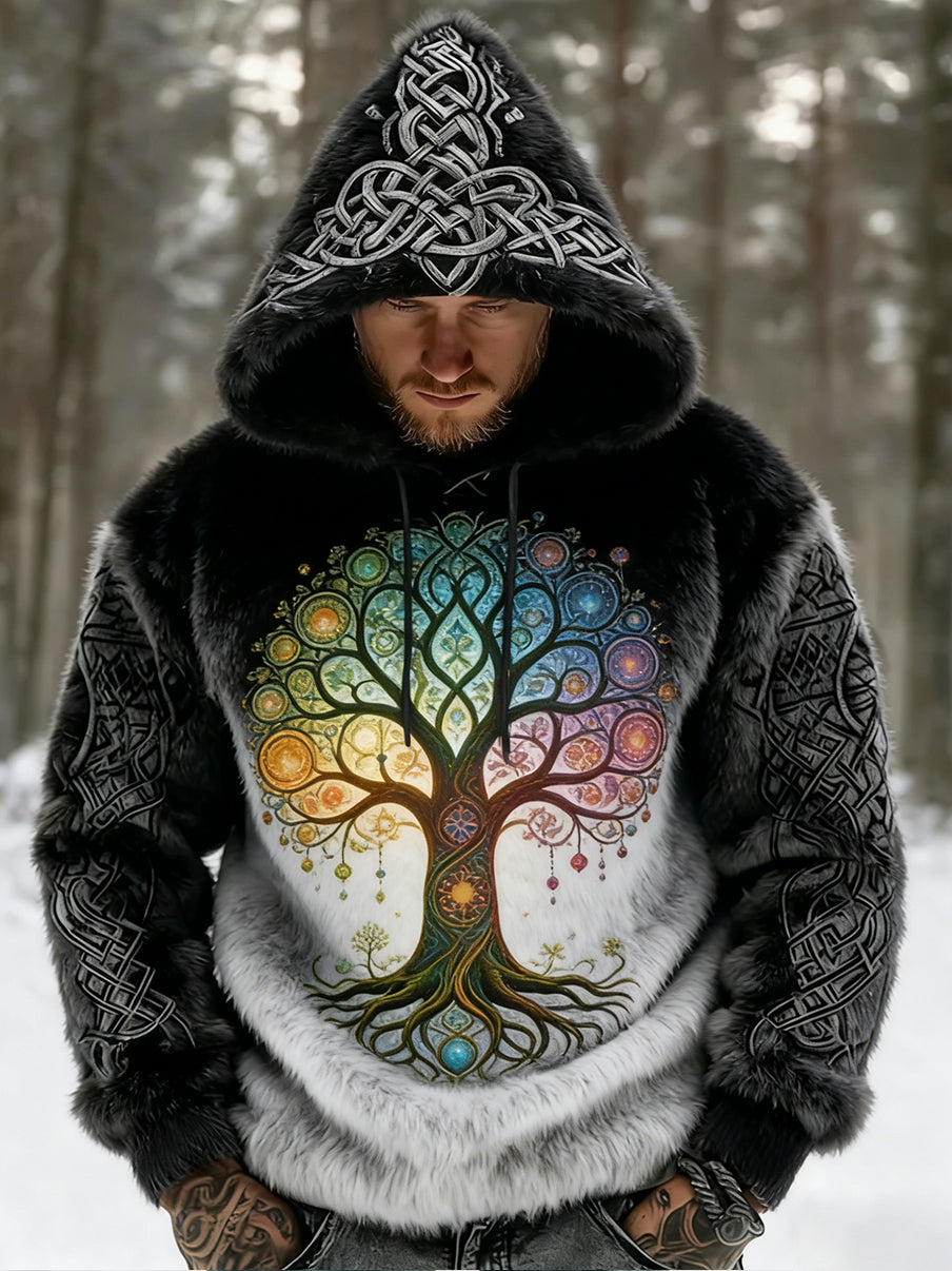 Męskie Retro Viking celtycki wzór pluszowa ciepła kurtka z kapturem z kapturem