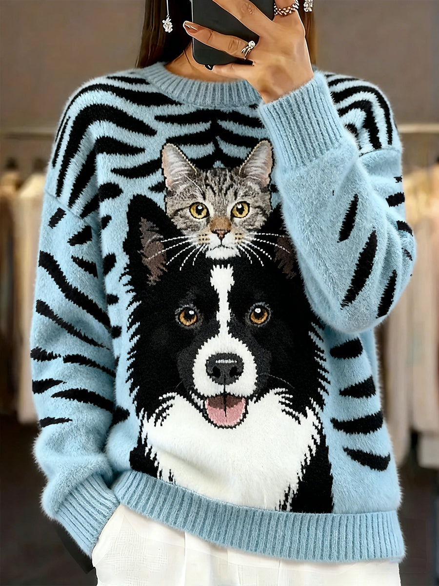 Damski sweter w stylu vintage z nadrukiem zwierzęcym Comfort