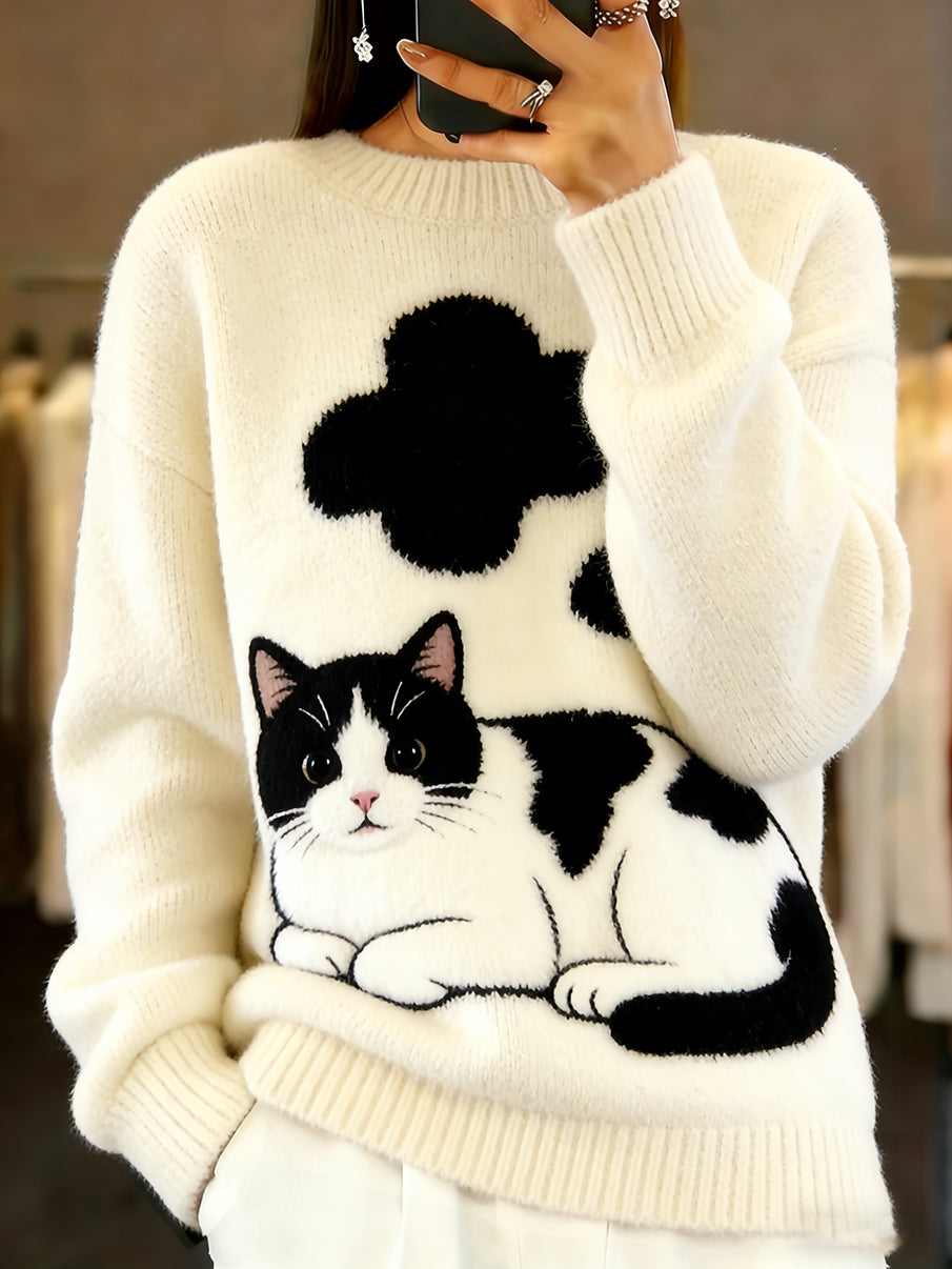 Damski sweter w stylu vintage z nadrukiem zwierzęcym Comfort