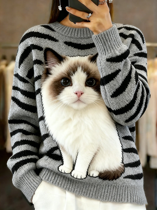 Damski sweter w stylu vintage z nadrukiem zwierzęcym Comfort