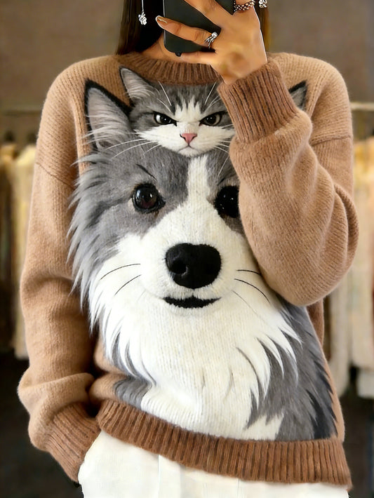 Damski sweter w stylu vintage z nadrukiem zwierzęcym Comfort