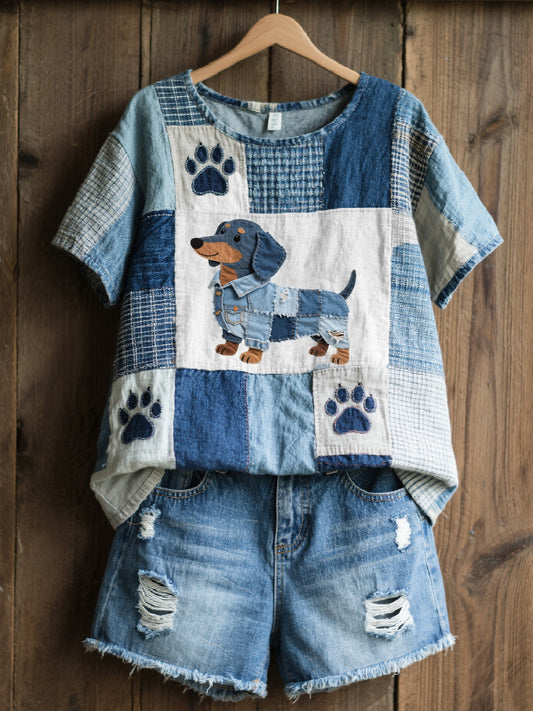 Damski piękny jamnik wzór Patchwork Art Top