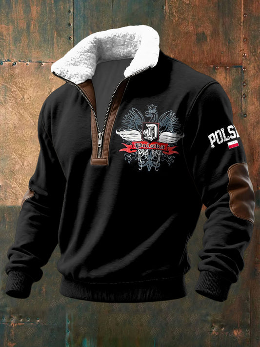 Sweter z lambswool patchworku na zamek błyskawiczny retro polski orzeł