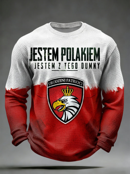 Retro Polski Orzeł Patchwork Casual Waffle Splot z długim rękawem T-Shirt