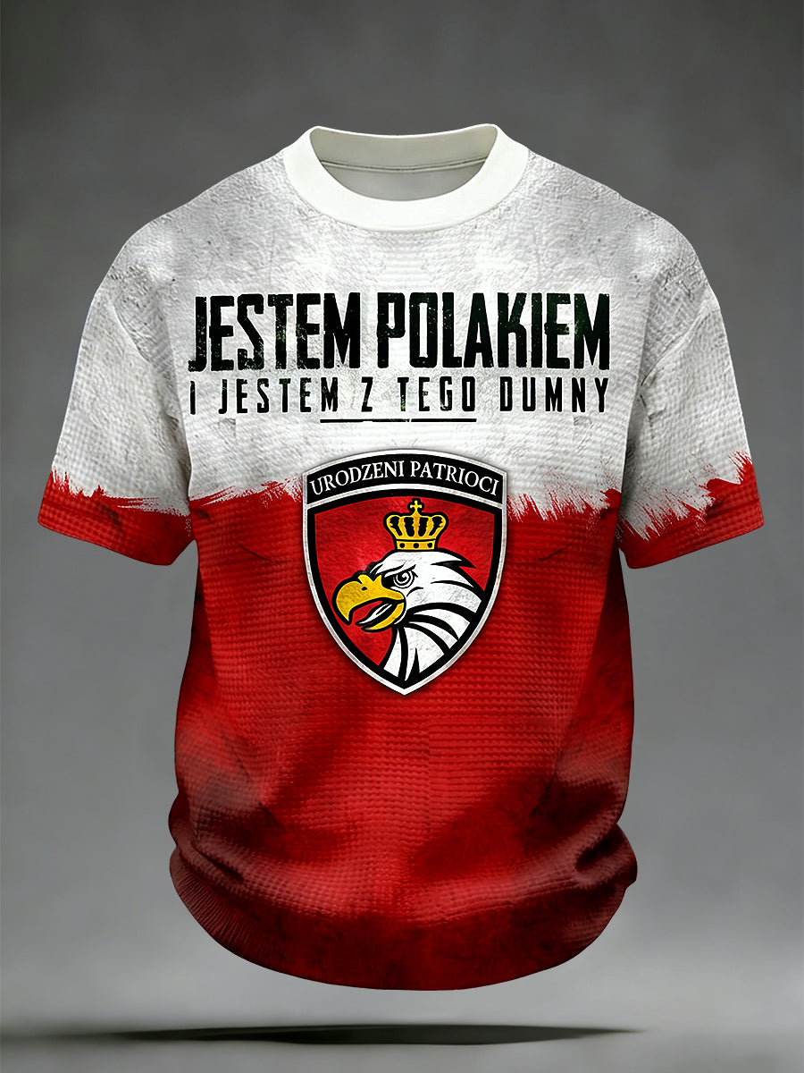 Retro Polski Orzeł Patchwork Casual Waffle Splot T-Shirt