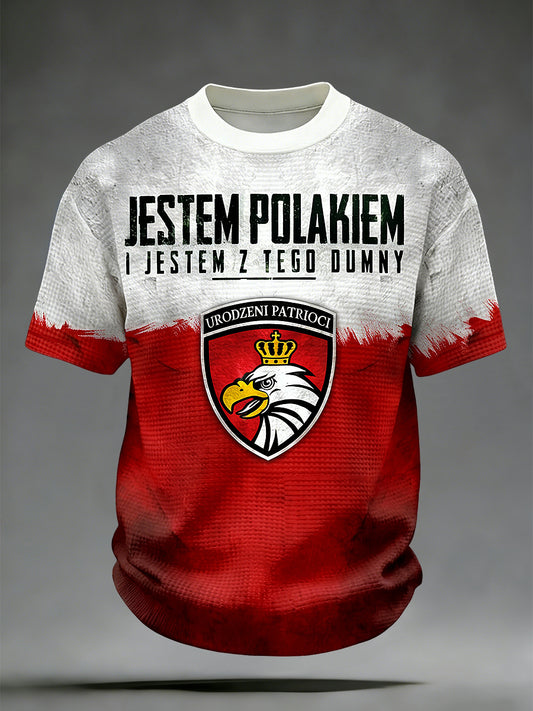 Retro Polski Orzeł Patchwork Casual Waffle Splot T-Shirt