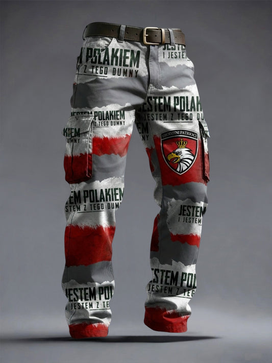 Retro Polski Orzeł Patchwork Casual Spodnie robocze