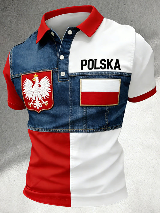 Męski koszulka polo z polskim motywem architektonicznym i kolorystyką z flagi narodowej