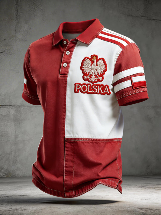 Retro Polski Orzeł Geometryczny Patchwork Art Casual Koszulka polo