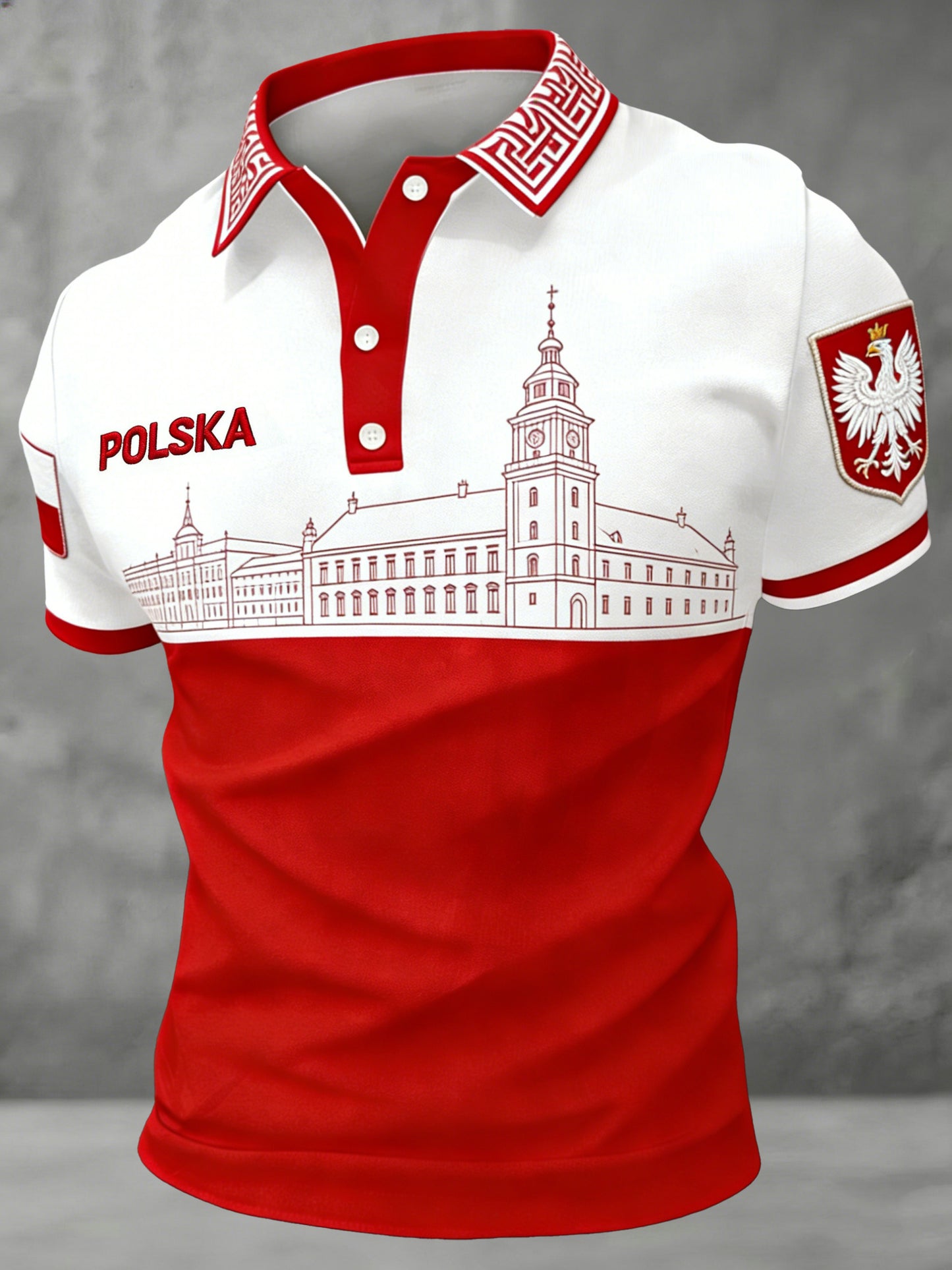 Męski koszulka polo z polskim motywem architektonicznym i kolorystyką z flagi narodowej