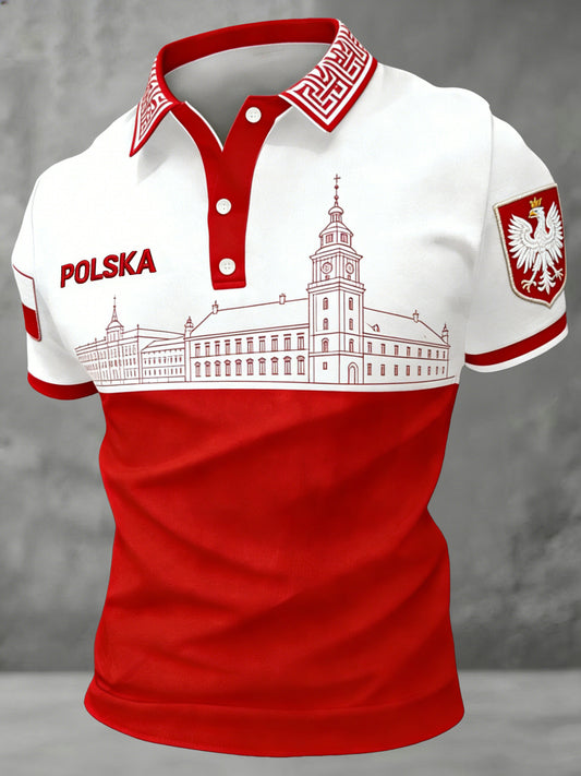 Męski koszulka polo z polskim motywem architektonicznym i kolorystyką z flagi narodowej