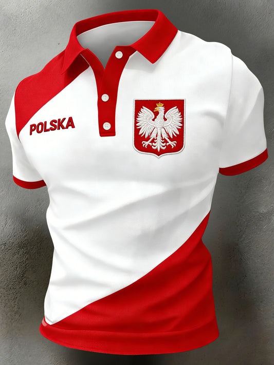Męska koszulka polo z nadrukiem polskiej sztuki architektonicznej i schematem kolorów flagi narodowej