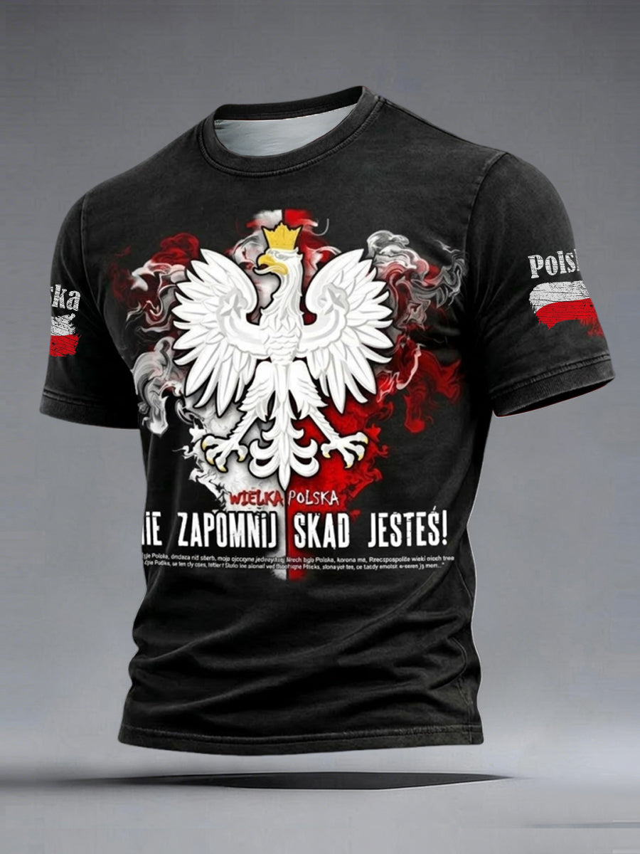 Retro, zniszczony, abstrakcyjny obraz orła polskiego, koszulka casualowa