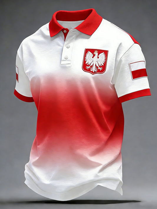 Męski koszulka polo w patchworkowym wzorze w kolorach flagi Polski z motywem artystycznym