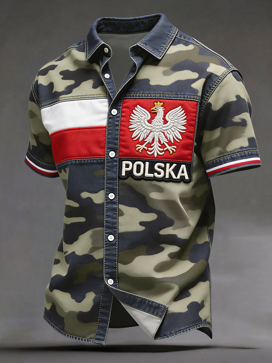 Rocznikowa polska koszula casualowa w stylu patchwork z orłem, kamuflażem i paskami