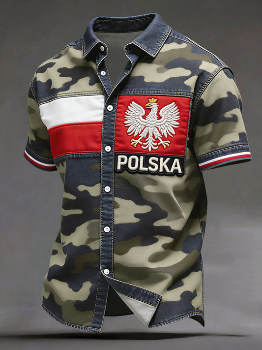 Rocznikowa polska koszula casualowa w stylu patchwork z orłem, kamuflażem i paskami