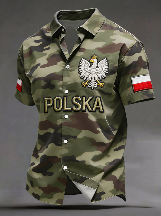 Rocznikowa polska koszula casual z abstrakcyjnym wzorem w stylu kamuflażu i orłem