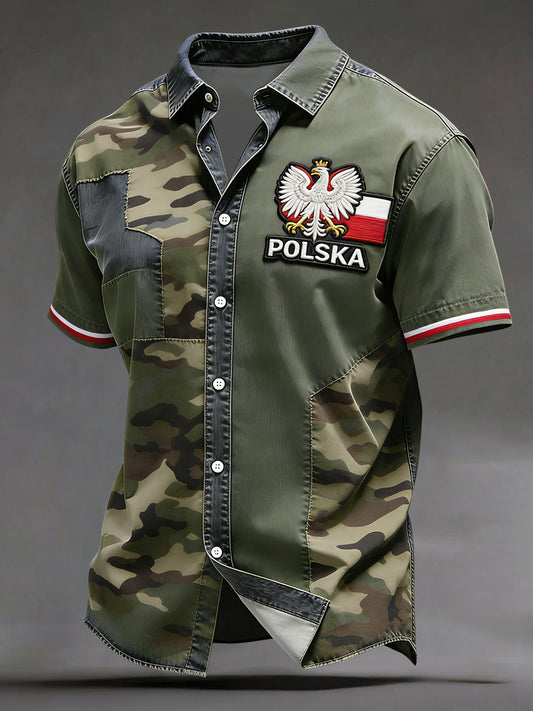 Rocznicowa polska koszula casual z patchworkowym wzorem w stylu wojskowym z orłem