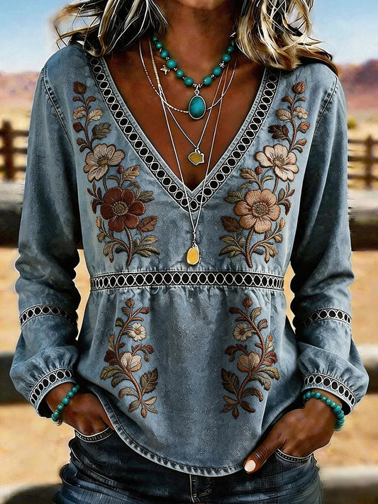 Damski Western Vintage kwiatowy nadruk Casual T-Shirt z dekoltem w szpic