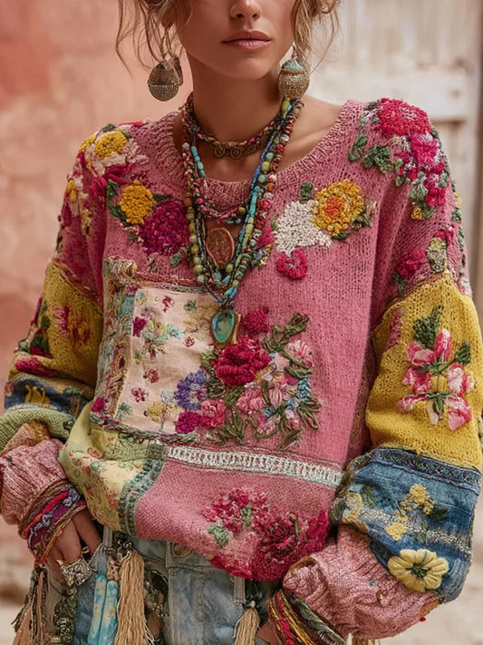 Damska różowa bluza z motywem Colorblock w stylu vintage