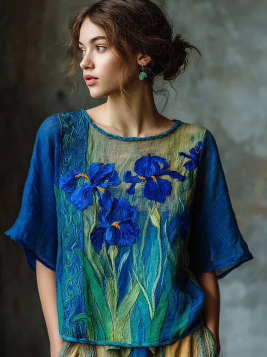 Damski haft Fleur-de-lis kontrastowy top lniany