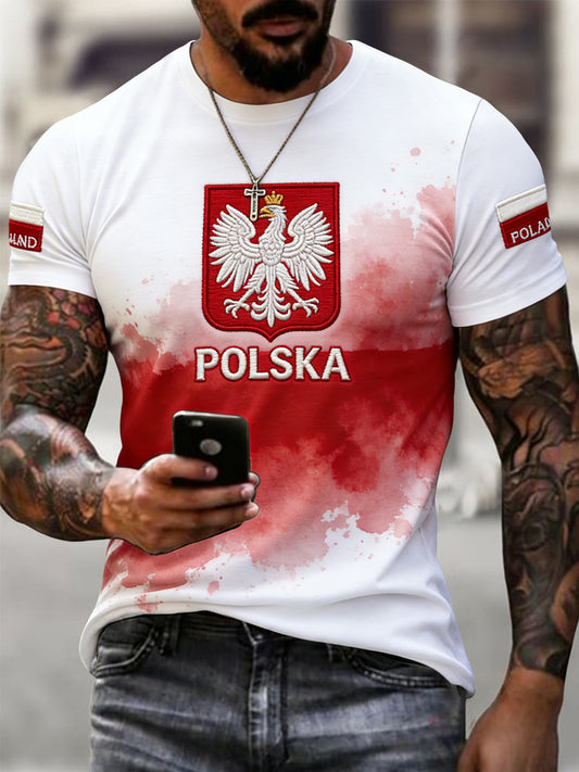 Męski swobodny t-shirt w stylu vintage z abstrakcyjnym emblematem orła polskiego