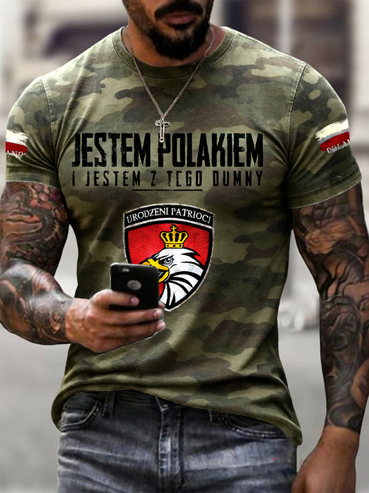 Męski, w stylu vintage, polski orzeł, emblemat, kamuflaż, codzienny t-shirt