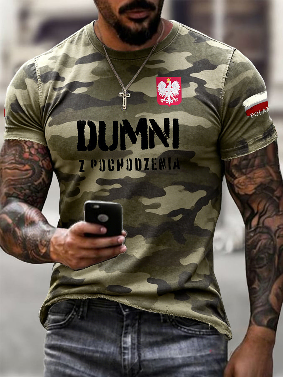 Męski koszulka retro z polskim orłem, motywem patriotycznym i kamuflażem, na co dzień