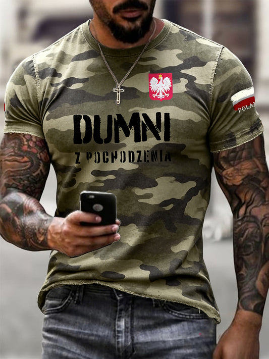 Męski koszulka retro z polskim orłem, motywem patriotycznym i kamuflażem, na co dzień