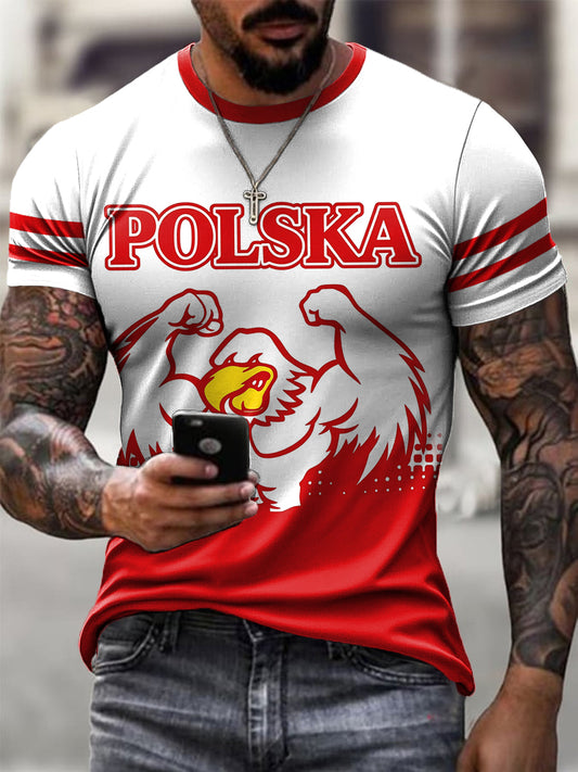 Męski koszulka retro z białym orłem Polski w stylu casual na piłkę nożną
