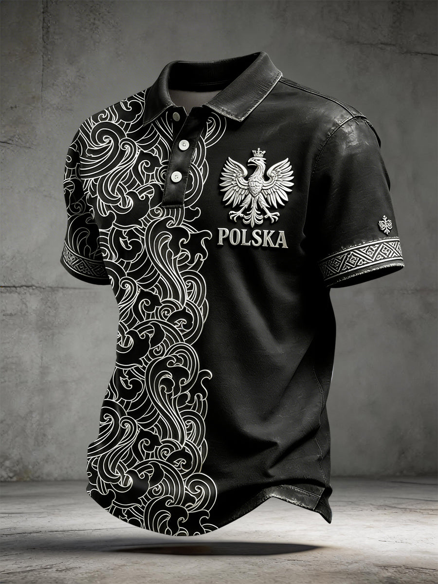 Męska retro koszulka polo w stylu casual z polskim wzorem słowiańskim i patchworkiem
