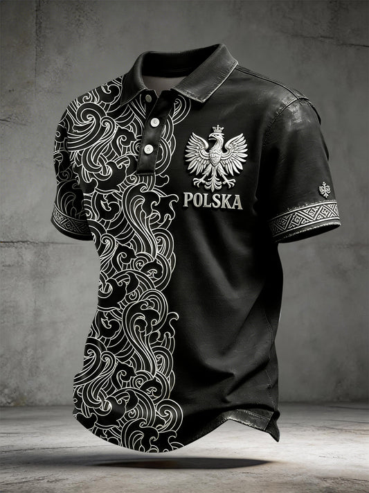 Męska retro koszulka polo w stylu casual z polskim wzorem słowiańskim i patchworkiem