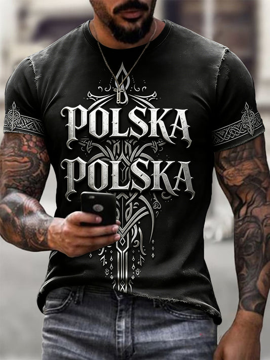 Męski retro koszulka casual z abstrakcyjnym wzorem słowiańskim