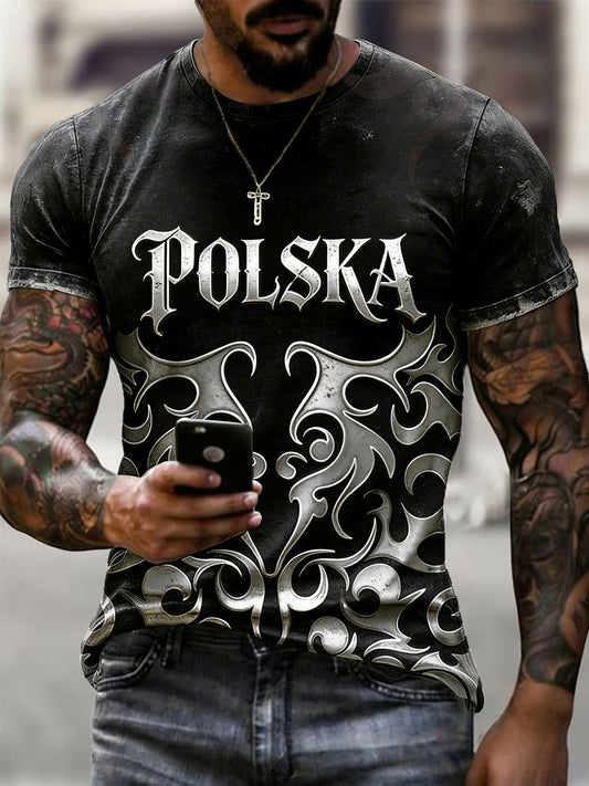 Męski swobodny t-shirt w stylu vintage z polskim wzorem słowiańskim i gradientem