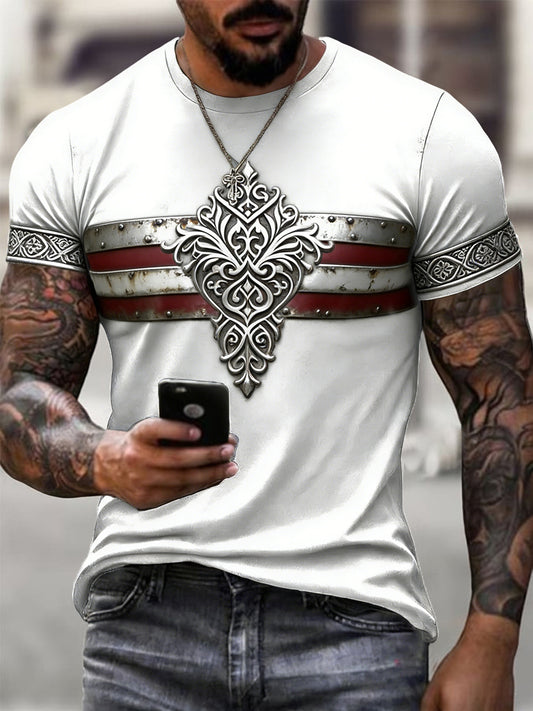 Męski t-shirt w stylu retro z polskim, słowiańskim wzorem w paski, na co dzień
