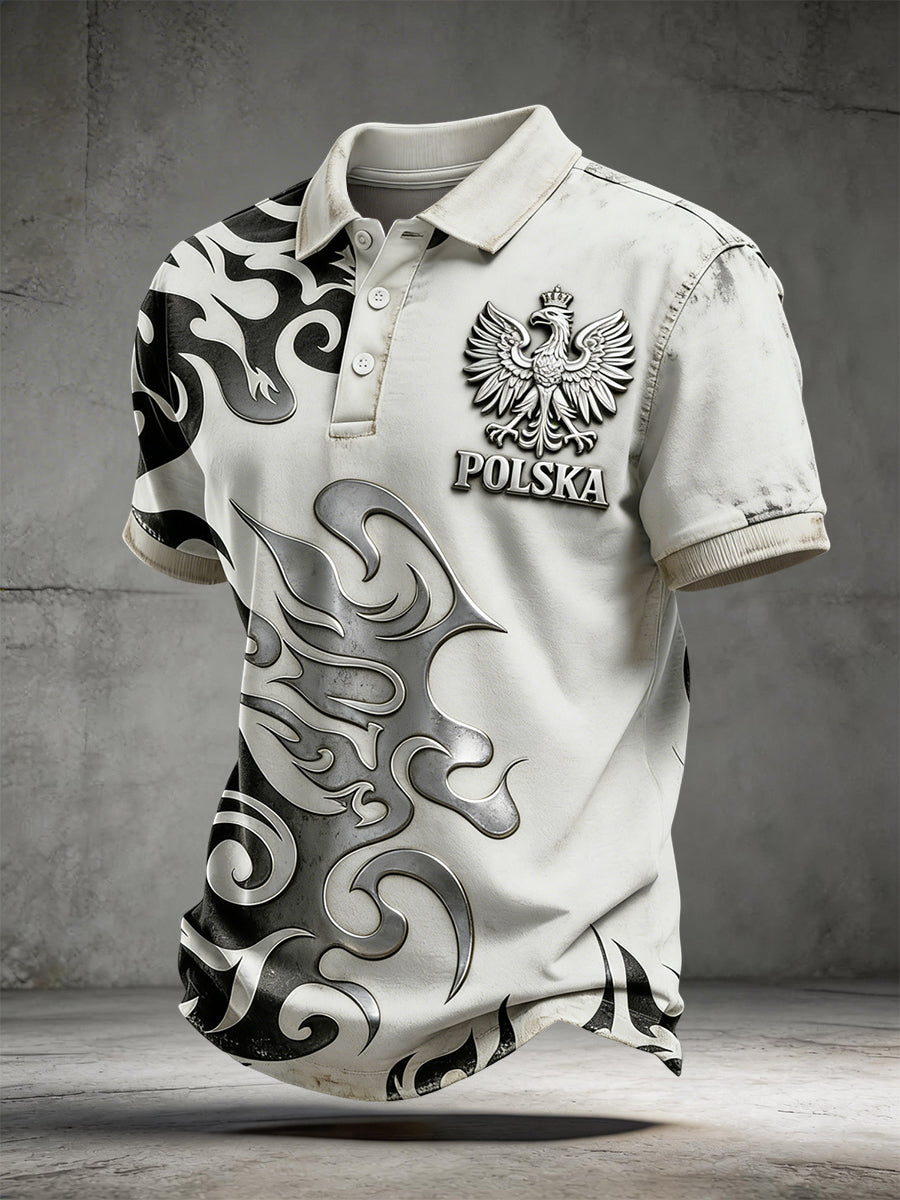 Męska retro koszulka polo w stylu casual z abstrakcyjnym wzorem słowiańskim