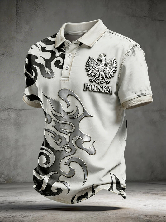 Męska retro koszulka polo w stylu casual z abstrakcyjnym wzorem słowiańskim