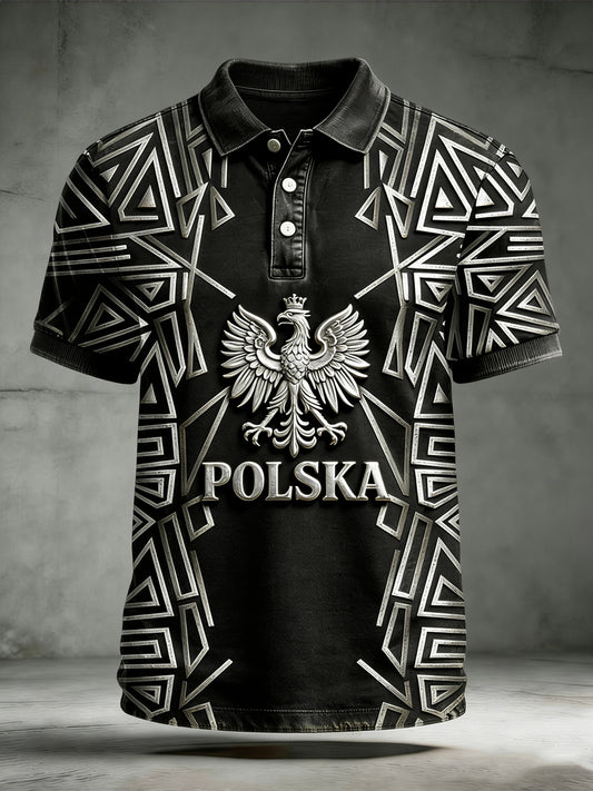 Męska retro koszulka polo w stylu casual z symetrycznym słowiańskim wzorem