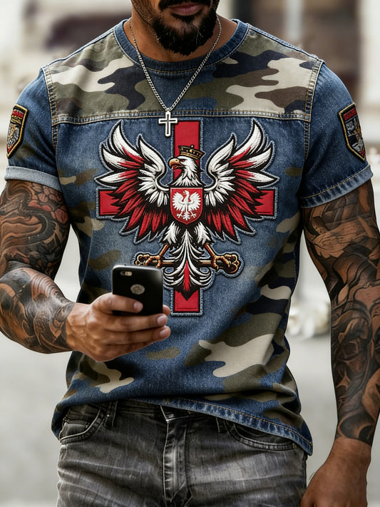 Męski t-shirt z polskim nadrukiem w stylu kamuflażowym