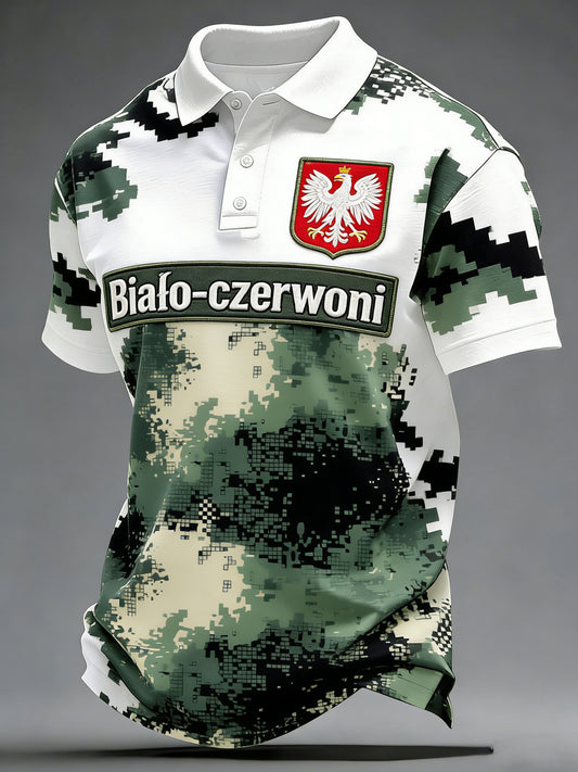 Męski polo z polskim nadrukiem w stylu kamuflażowym