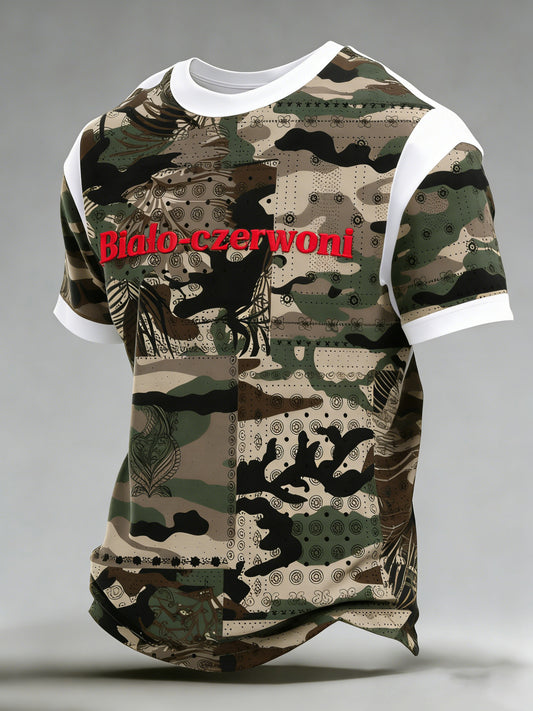 Męski t-shirt z polskim nadrukiem w stylu kamuflażowym