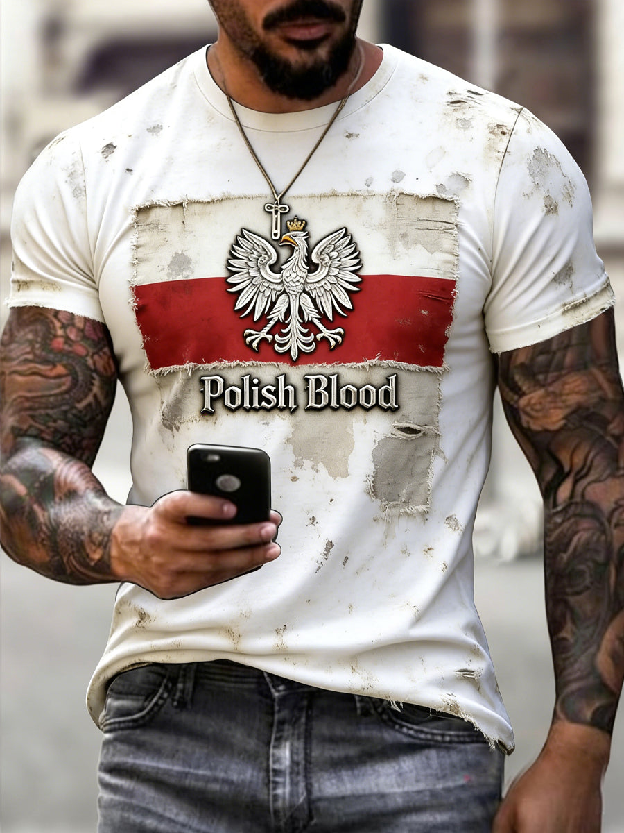 Męski Vintage Umyty Polski Orzeł Casual T-Shirt