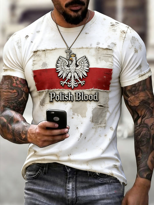 Męski Vintage Umyty Polski Orzeł Casual T-Shirt