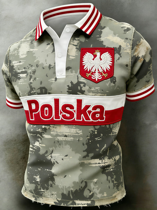 Męski polski moro w stylu wojskowym z artystycznym nadrukiem na polo