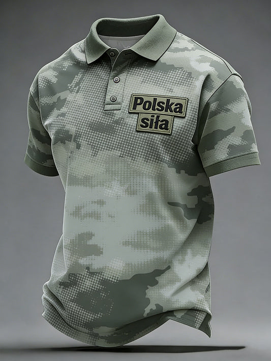 Męski polski moro w stylu wojskowym z artystycznym nadrukiem na polo