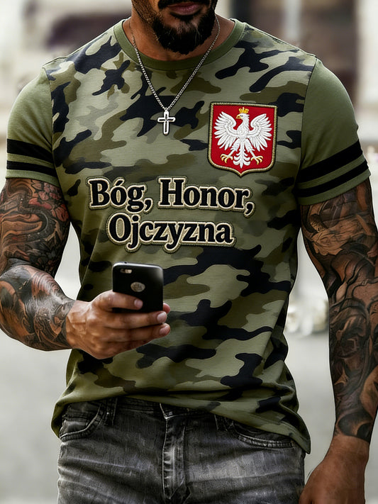 Męski polski koszulka z nadrukiem artystycznym w stylu wojskowym z kamuflażem