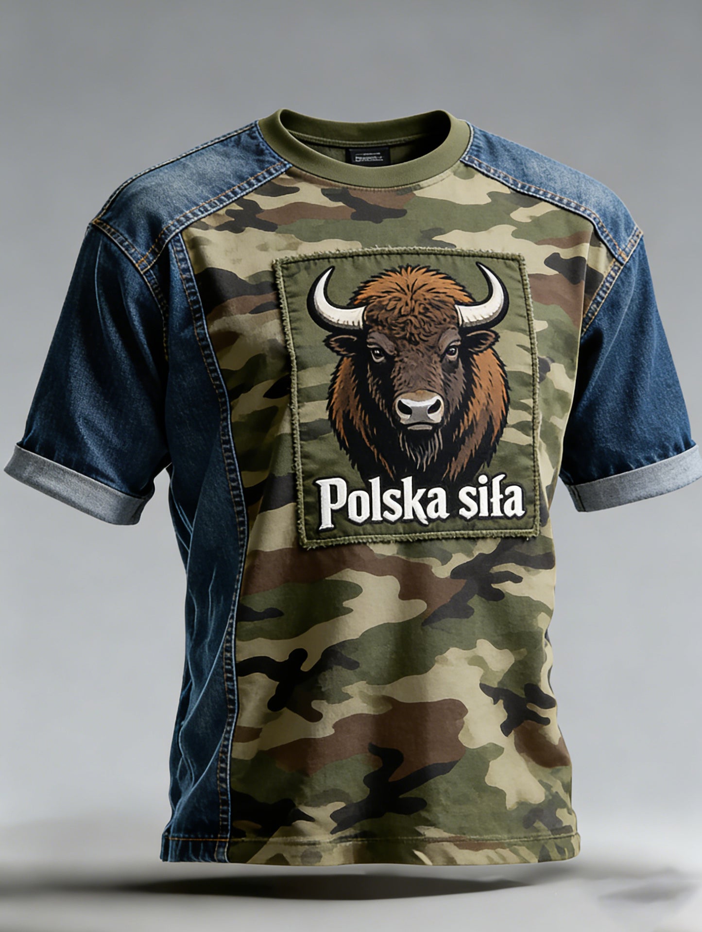 Męski polski koszulka z nadrukiem artystycznym w stylu wojskowym z kamuflażem