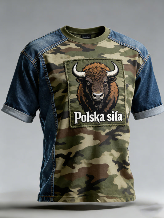Męski polski koszulka z nadrukiem artystycznym w stylu wojskowym z kamuflażem