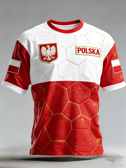 Męski t-shirt dla kibica piłki nożnej w kolorach flagi Polski z artystycznym nadrukiem